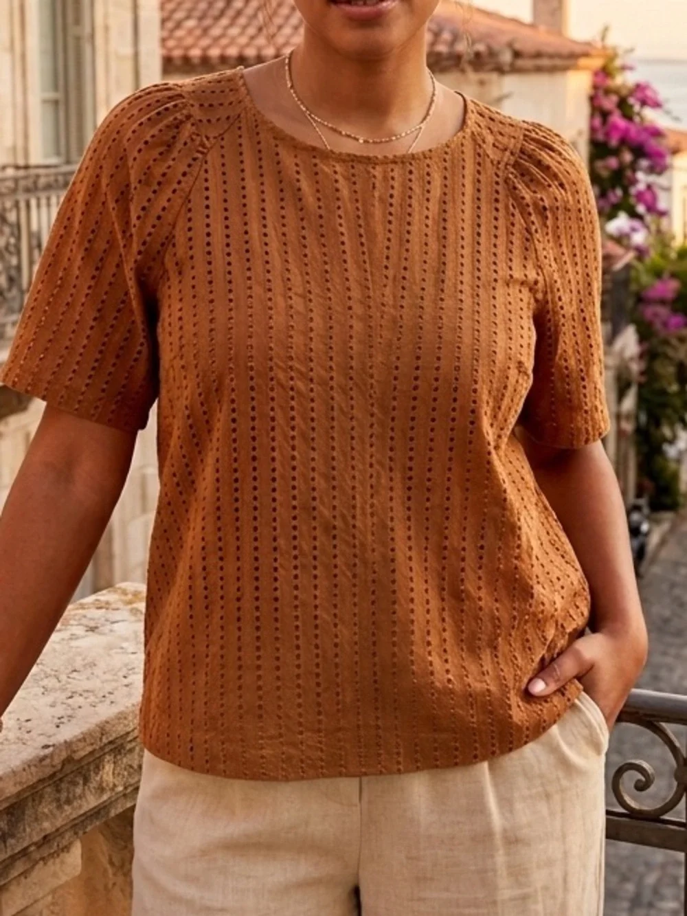 LOFT Caramel Eyelet Lightweight Short-Sleeve Top